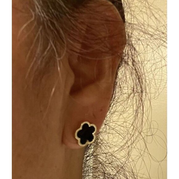 Gold Plated Black Clover Earrings Stainless Steel Floral Unisex Mens Womens - Picture 6 of 9